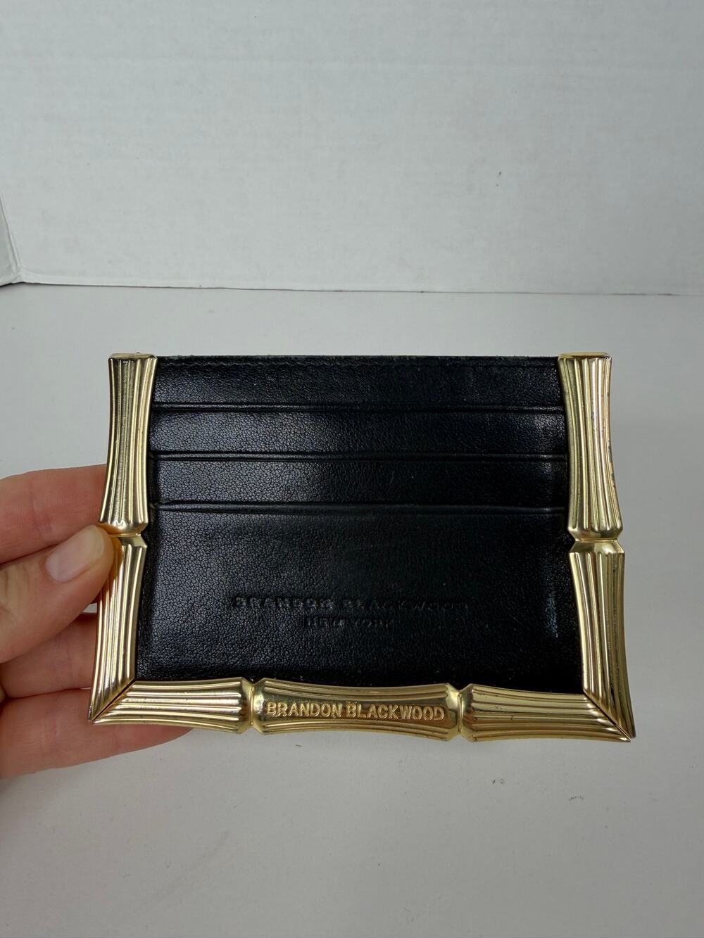 Brandon Blackwood Bamboo B Card Holder Black Leather gold-tone bamboo hardware